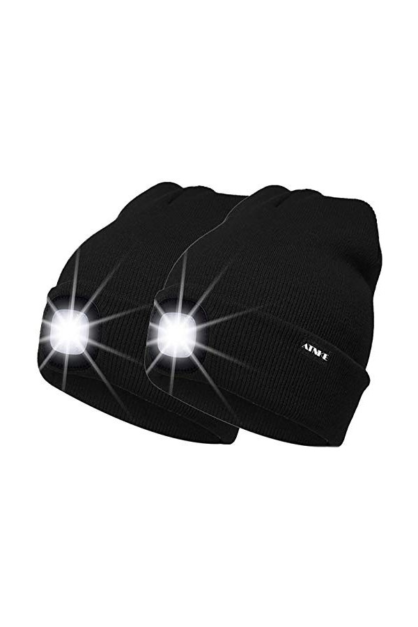ATNKE 2 Pièces Chaud LED tricoté Chapeau de Bonnet Unisexe avec,USB Rechargeable Chapeau de Course Ultra Lumineux 4 LED Lampe