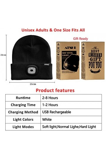 ATNKE 2 Pièces Chaud LED tricoté Chapeau de Bonnet Unisexe avec,USB Rechargeable Chapeau de Course Ultra Lumineux 4 LED Lampe