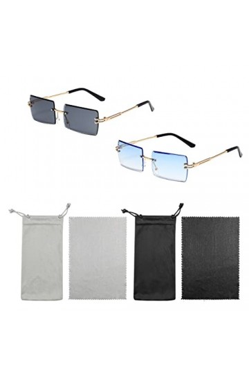 BEIIEB 2 paires de lunettes de soleil rectangulaires sans monture avec 2 sacs à lunettes et chiffon à lunettes, lunettes de s