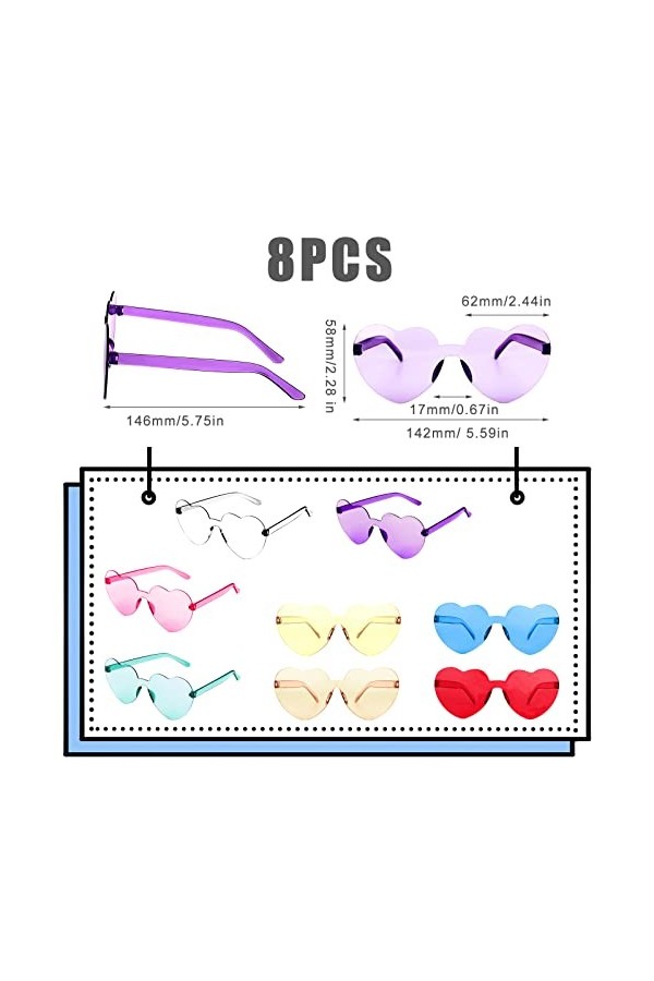 KINBOM 8 Pcs Lunettes de Soleil en Forme de Coeur, Élégantes Transparentes Lunettes de Soleil Sans Monture pour Adulte Femmes