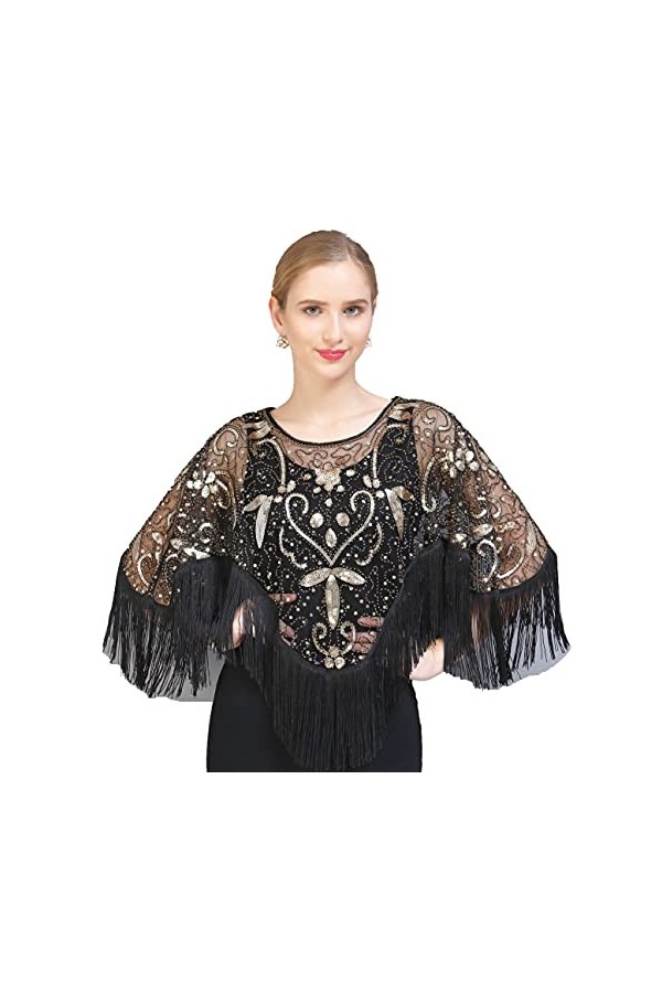 EORUBE 1920 s Châle Wraps Sequin Perlé Soirée Cape pour Gatsby Partie De Mariée Châle Femmes Soirée Cape Flapper Cover Up Or