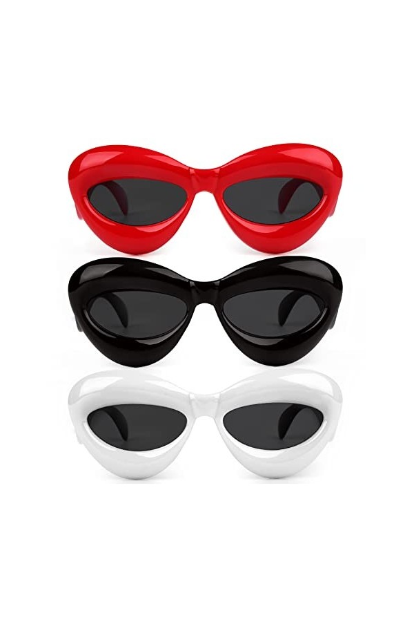 3pcs Lunettes de Soleil Couleur, Lunettes de Soleil Retro Femme Monture Épaisse Oil de Chat Couleur Bonbon pour les Lèvres Am