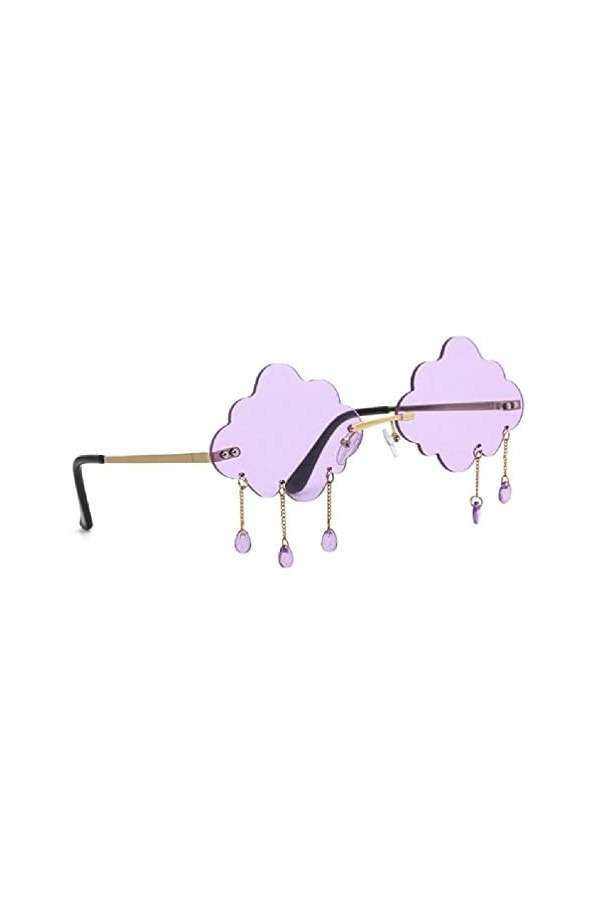 Lunettes de soleil en forme de nuage à pompons pour femme - Sans monture - Lunettes de soleil disco des années 90, violet