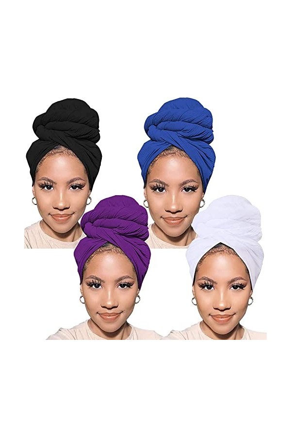 Xtrend Lot de 4 turbans en jersey extensible pour tête en tricot pour cheveux urbains couleur unie respirant ultra doux extra