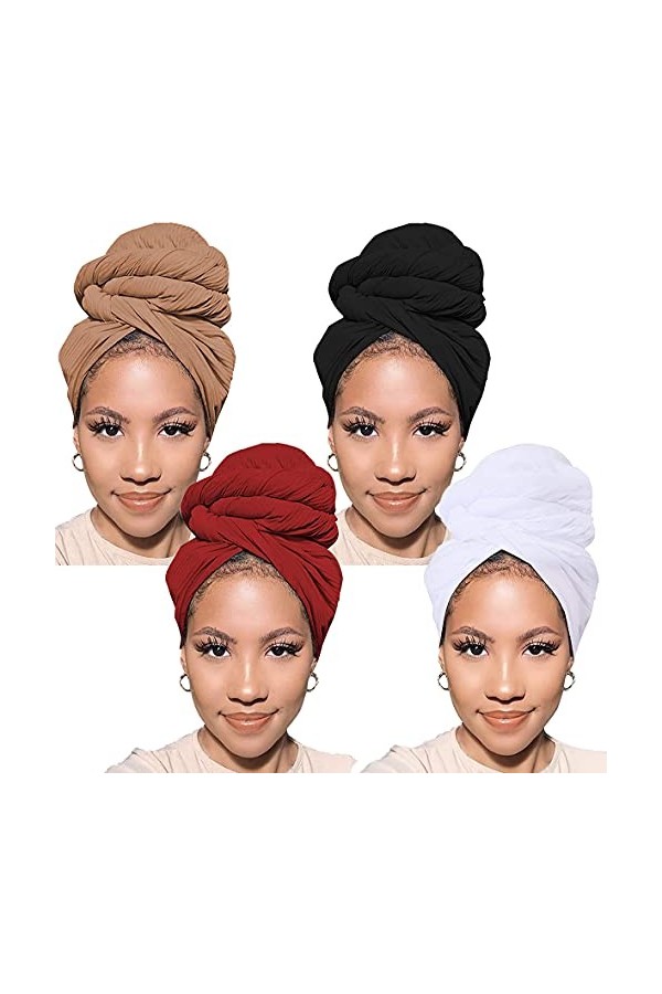 Xtrend Lot de 4 turbans en jersey extensible pour tête en tricot pour cheveux urbains couleur unie respirant ultra doux extra