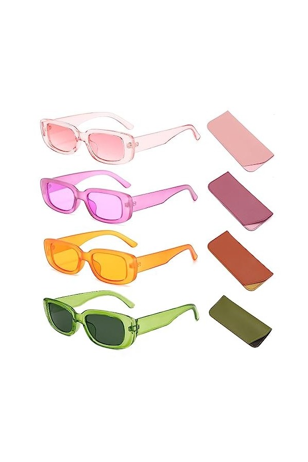 Lot de 8 lunettes de soleil rectangulaires vintage pour femme des années 90 avec étui à lunettes de 4 pièces, lunettes de sol