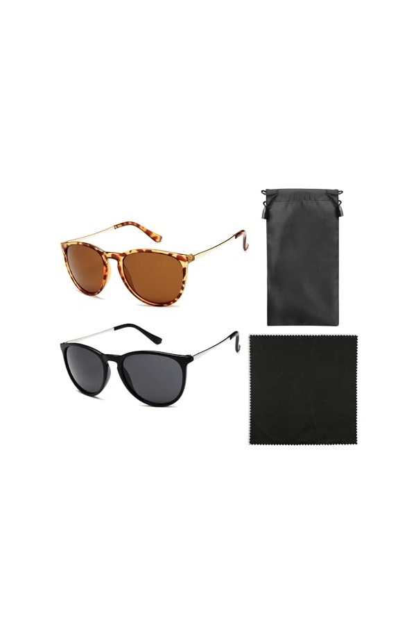 TAFACE 2 lunettes de soleil, 1 pièce de tissu pour lunettes, 1 sac à lunettes, lunettes de soleil rondes rétro, lunettes de s