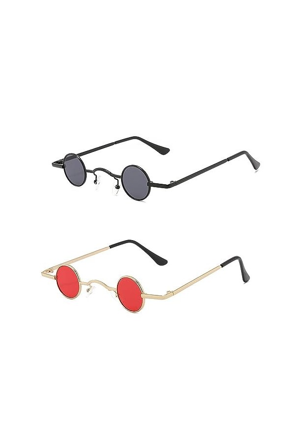 2 Pièces Lunettes de Soleil Rétro Petites Rondes, Mini Vintage Élégant Hippy Petit Cadre Cercle Lunettes de Soleil, Steampunk