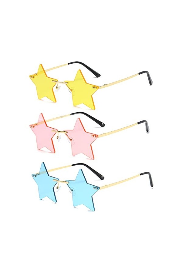Lot de 3 paires de lunettes de soleil en forme détoile sans monture,Lunettes fantaisie funky pour fête dété, plage, fête, N