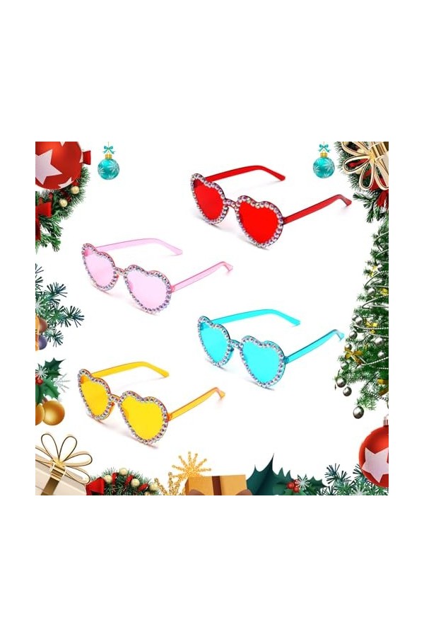 Towviy 4 Paires Lunettes en Forme de Coeur, Hippie Lunettes Fête avec Strass Lunette Festival pour Halloween Noël Party Cospl