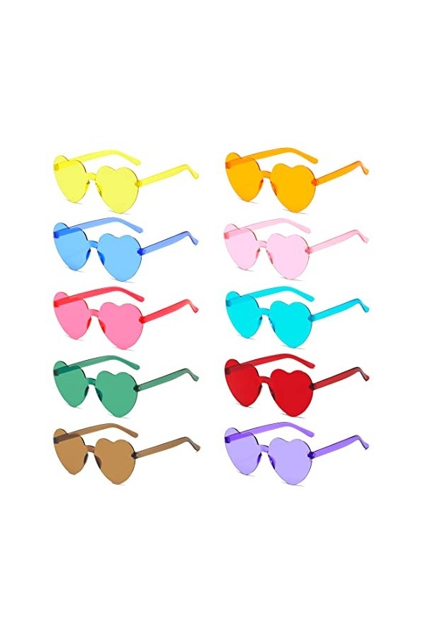 Aurasky 10 Paires Lunettes Coeur Hippie, Lunettes de Soleil Transparentes Multicolores sans Monture, Lunettes de Soleil Rétro