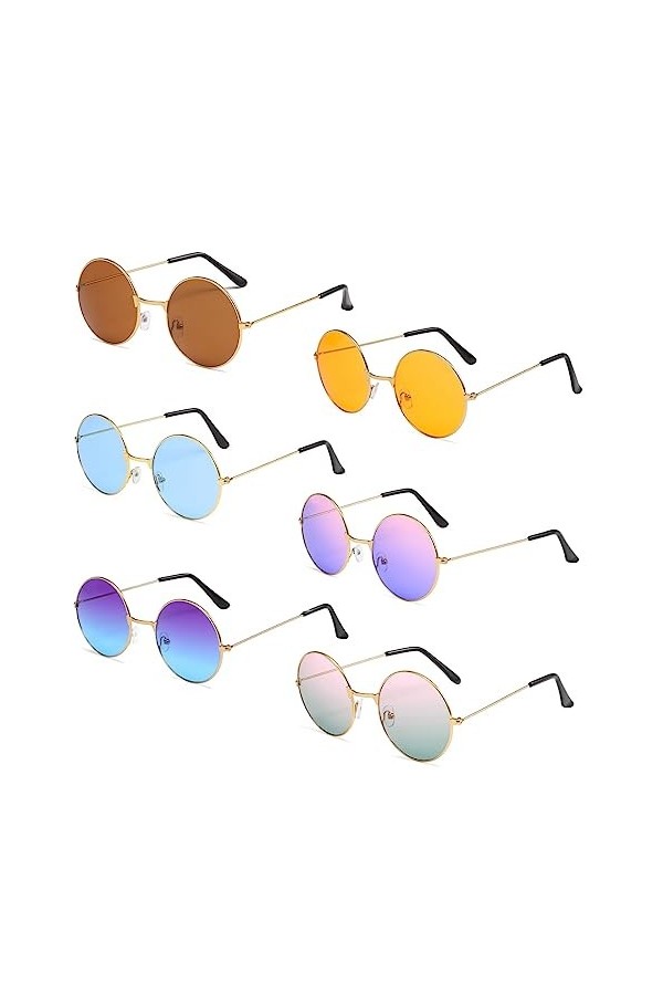 AAED 6 Paires Lunette Hippie,Lunettes de Soleil Rondes Hippie Lunettes,Lunettes de Soleil Homme Ronde,Lunettes Fantaisie,Lune