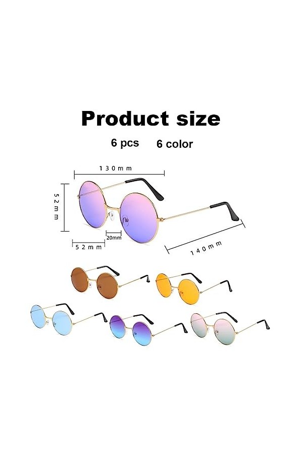 AAED 6 Paires Lunette Hippie,Lunettes de Soleil Rondes Hippie Lunettes,Lunettes de Soleil Homme Ronde,Lunettes Fantaisie,Lune