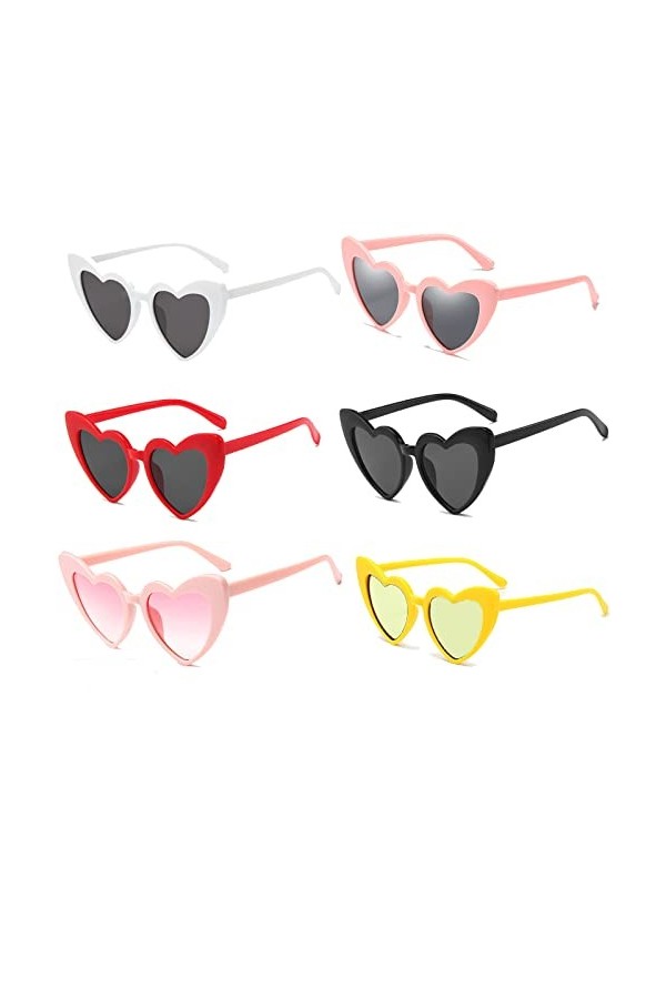 6 Paires Lunettes de Soleil Coeur, Lunettes de Soleil en Forme de Coeur pour Femmes Hommes avec Protection UV400, Vintage Hip