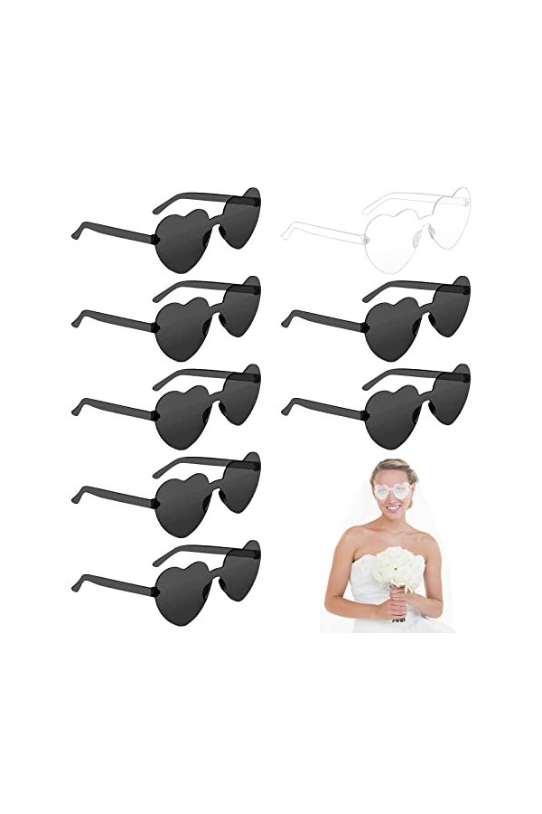 Lot de 8 paires de lunettes de soleil en forme de cœur blanches et noires transparentes - Verres de couleur rétro - Lunettes 