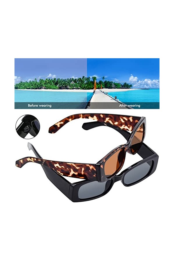 Geesui 2pcs Lunettes de Soleil Rectangulaires Protection UV400 Lunettes de Conduite Rétro Lunettes de Soleil à la Mode
