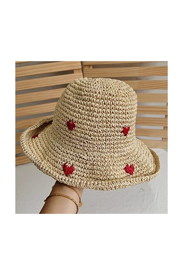 Chapeau Femme Loisirs Plein air Été Automne Chapeaux Femmes Rétro Flat Tombant Chapeau Bord Fait à la Main Coeur Paille Chape