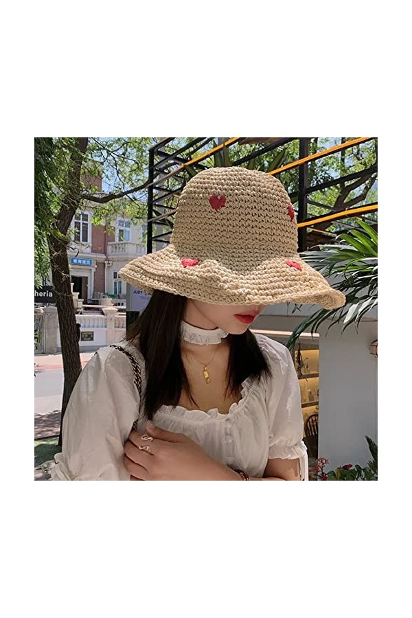 Chapeau Femme Loisirs Plein air Été Automne Chapeaux Femmes Rétro Flat Tombant Chapeau Bord Fait à la Main Coeur Paille Chape