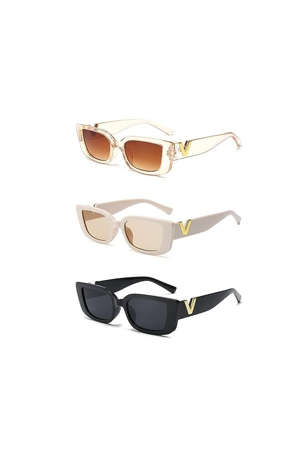 TIANNAIT 3 pièces Lunettes de soleil carrées, lunettes de mode rétro carrées, protection UV extérieure décontractée, lunettes