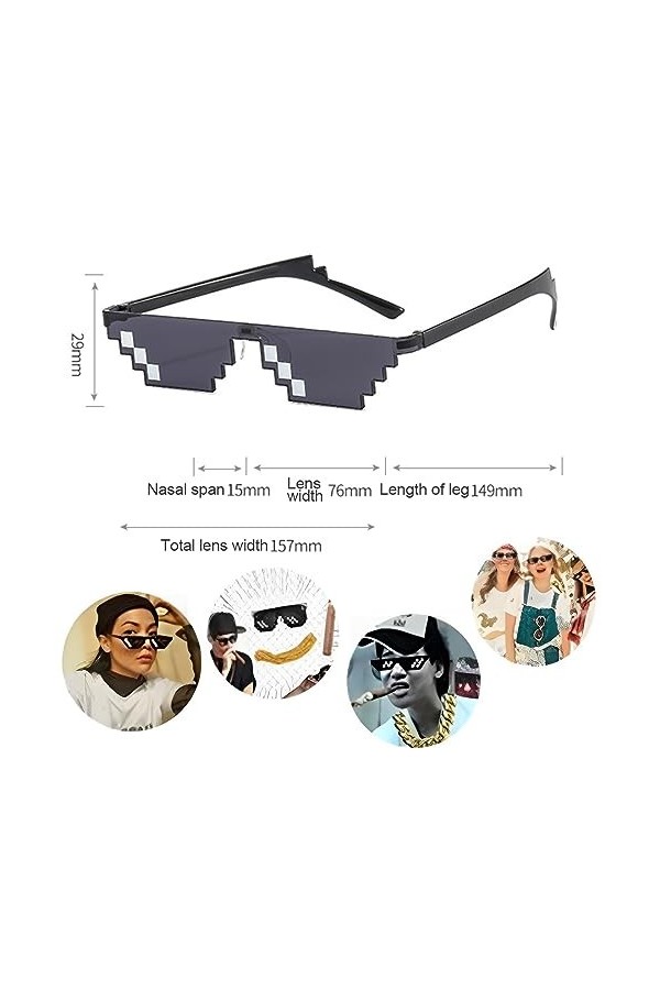 OSUWLSI 8 Pack Lunettes de Soleil Thug Life, Pixelated Lunettes de Soleil, Lunettes de Soleil Hommes Femmes en Verre 8 Bits P