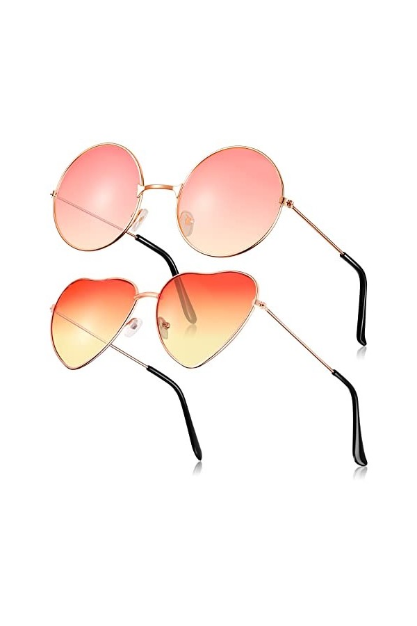 Frienda 2 Paires Lunettes de Soleil Hippies Lunettes de Soleil Rétro Lunettes de Soleil Vintages en Métal Rose et Jaune, Ron