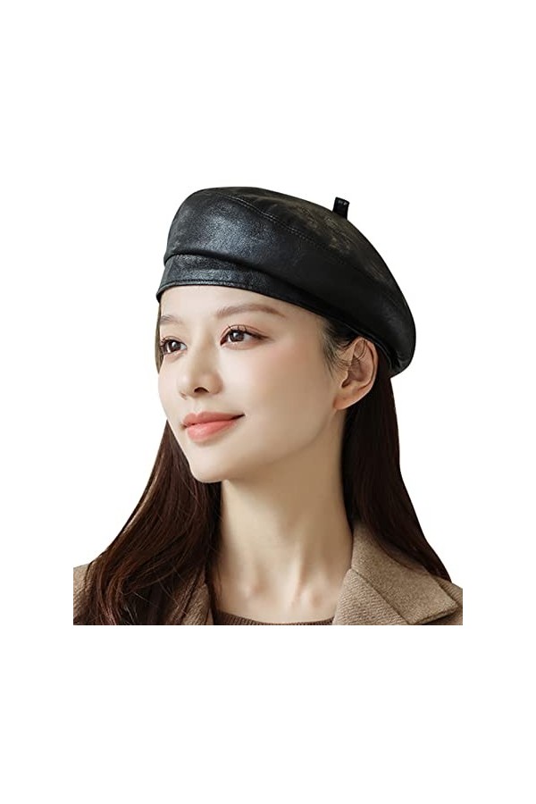 FEOYA Béret Femme Chapeau Chapeau en Cuir Casquette Français Newsboy Chapeau Gavroche Artiste de Peintre Chauffeur Noir Béret