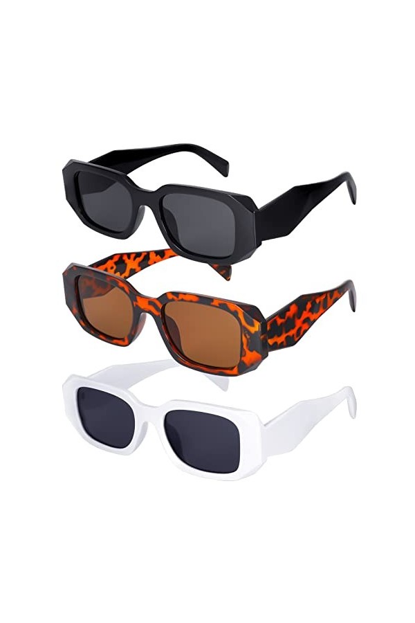 Gaosaili Lot de 3 paires de lunettes de soleil rectangulaires rétro pour femme - Style vintage - Pour homme - Petits carrés -