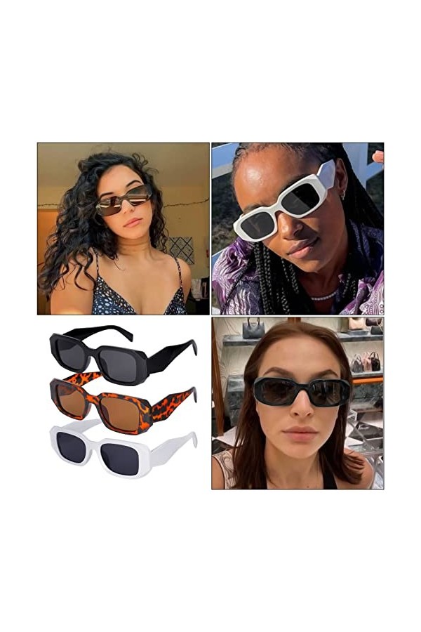 Gaosaili Lot de 3 paires de lunettes de soleil rectangulaires rétro pour femme - Style vintage - Pour homme - Petits carrés -