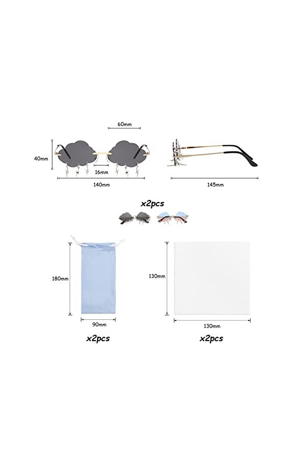 Lot de 2 lunettes soleil sans monture&nbsp;. Livré avec 2 sacs à lunettes&nbsp;. 2 chiffons à lunettes&nbsp;. Lunettes irrégulières amusante