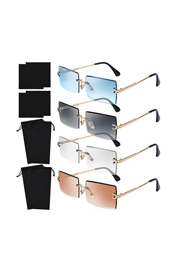 URATOT Lot de 4 lunettes de soleil rectangulaires sans monture - Style vintage - Transparentes - Monture en métal - Tendance 