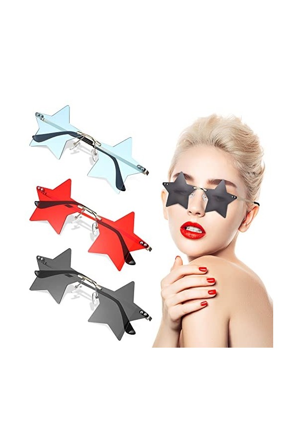 Gadpiparty Lot de 3 paires de lunettes de soleil sans monture en forme détoile pour homme et femme pentagramme années 90
