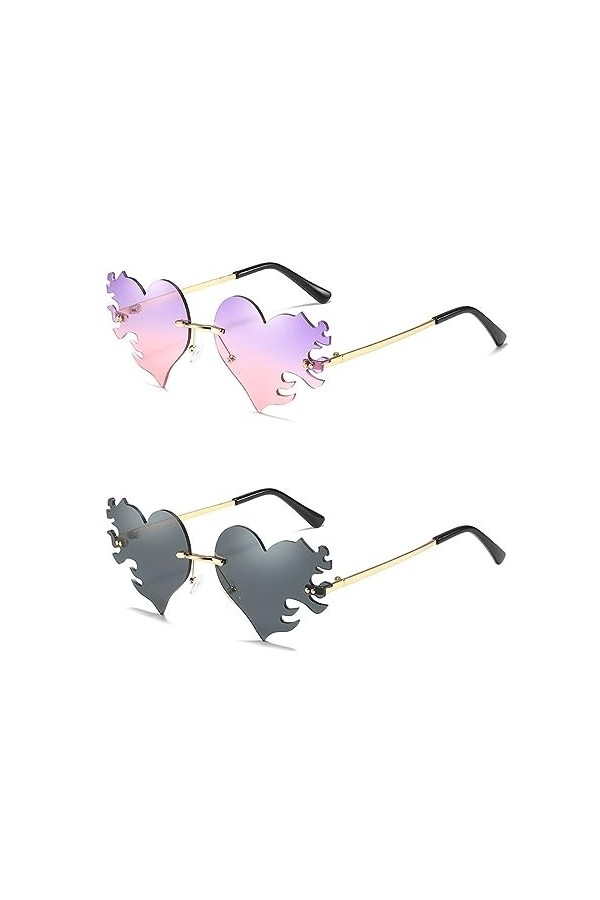 ASYKNM Lot de 2 Paires de Lunettes de Soleil pour Femme - Motif Cœur - Style hippie - Cadre Doré Rose 2 Couleurs 