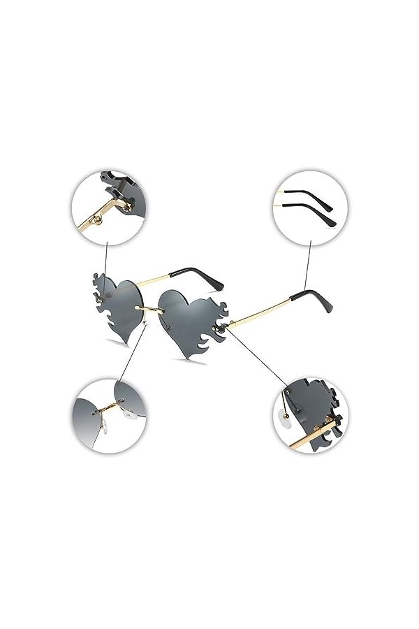 ASYKNM Lot de 2 Paires de Lunettes de Soleil pour Femme - Motif Cœur - Style hippie - Cadre Doré Rose 2 Couleurs 