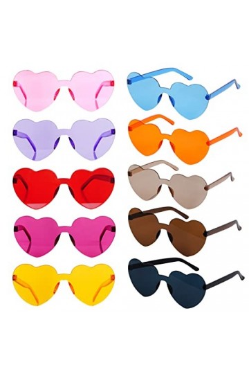 Lot de 10 paires de lunettes de soleil en forme de cœur sans cadre transparentes multicolores pour femme 10 couleurs multico