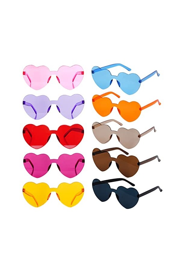Lot de 10 paires de lunettes de soleil en forme de cœur sans cadre transparentes multicolores pour femme 10 couleurs multico