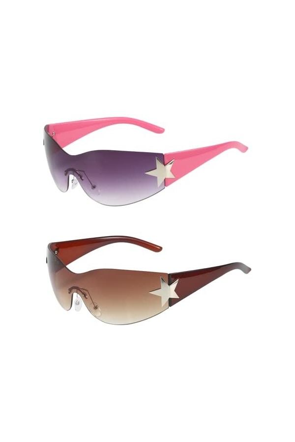 Lot de 2 lunettes de soleil Y2K Wraparound pour homme et femme,Avec étiquette en forme détoile,Pour lextérieur,Protection s