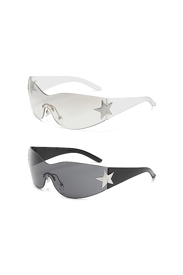TARKDAK 2PCS Lunettes de Soleil Y2K Y2K Wrap Around Rave Goggles Fast Glasses sans Monture Y2K Accessoires UV Retro Punk Lune