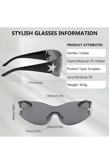 TARKDAK 2PCS Lunettes de Soleil Y2K Y2K Wrap Around Rave Goggles Fast Glasses sans Monture Y2K Accessoires UV Retro Punk Lune