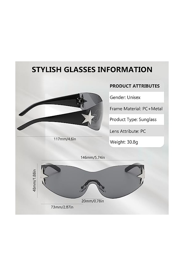 TARKDAK 2PCS Lunettes de Soleil Y2K Y2K Wrap Around Rave Goggles Fast Glasses sans Monture Y2K Accessoires UV Retro Punk Lune