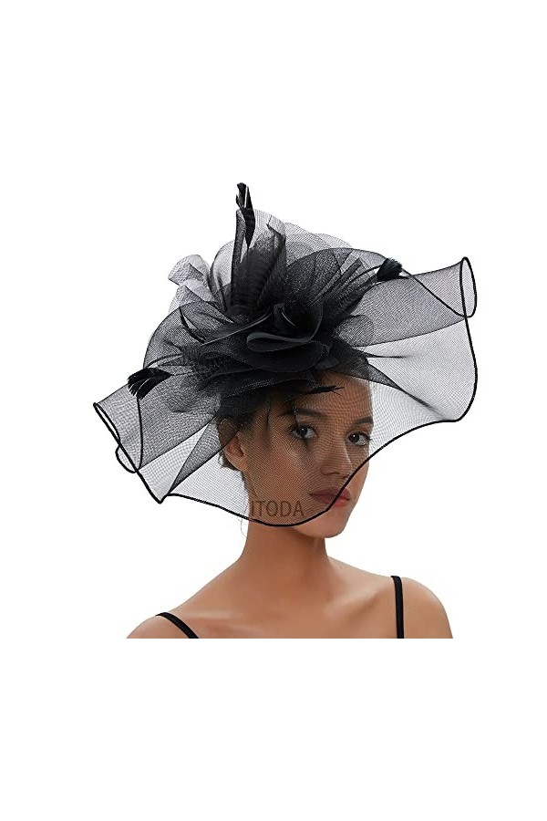 ITODA Fascinator Chapeau Femme Cocktail Party Chapeau Bibis Plumes Voilette Fleur Mariage Coiffure avec Bandeau et Clip Acces