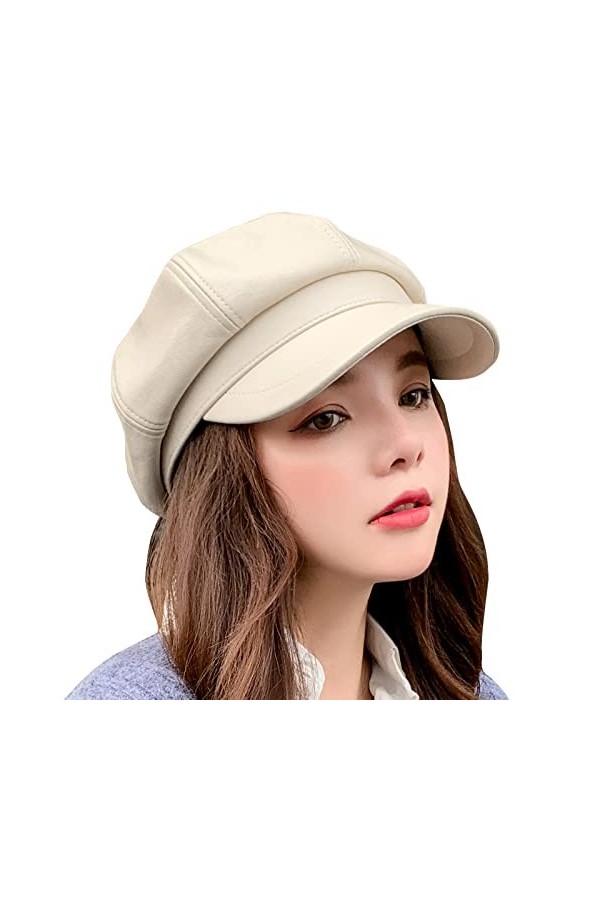 Maeau - Chapeau de Peintre Cabbie Casquette Femme Newsboy Casquette Cuir PU Chapeau Vintage Baker Boy Hats Peaked Winter Hat 