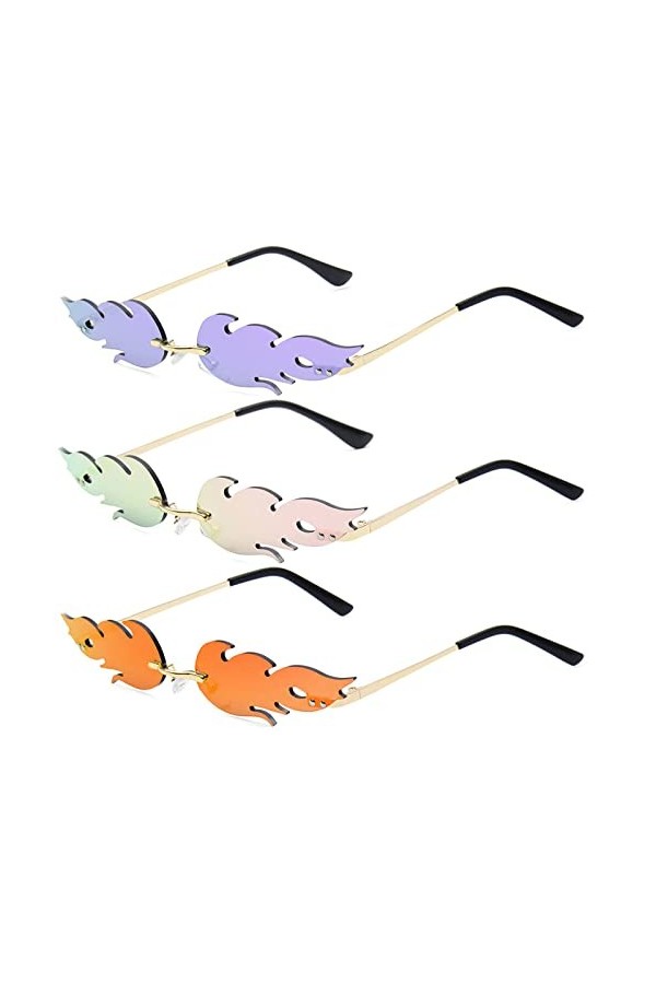 Weinsamkeit Lunette de Soleil en Forme de Flamme, 3 PCS Lunette de Soleil Femme Flamme, Feu Lunettes de Soleil Sans Monture,L