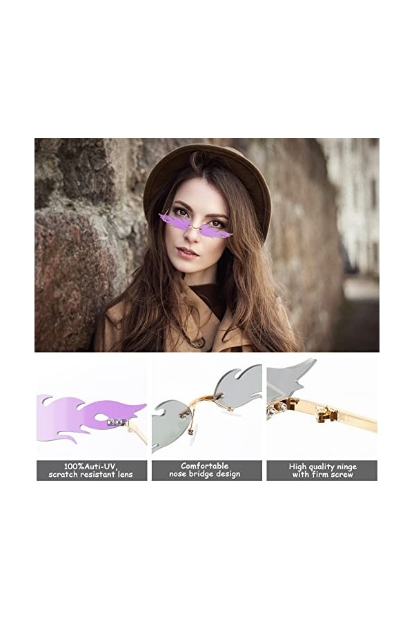 Weinsamkeit Lunette de Soleil en Forme de Flamme, 3 PCS Lunette de Soleil Femme Flamme, Feu Lunettes de Soleil Sans Monture,L
