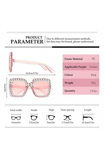 Androxeda Lunettes de soleil strass surdimensionnées carrées unisexe diamant bling bling lunettes rose femmes lunettes de sol