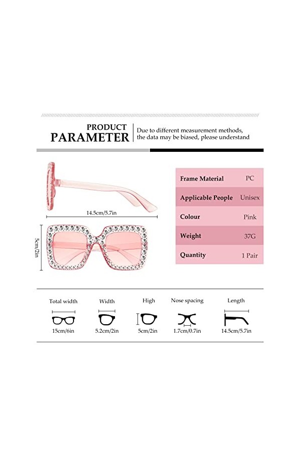 Androxeda Lunettes de soleil strass surdimensionnées carrées unisexe diamant bling bling lunettes rose femmes lunettes de sol