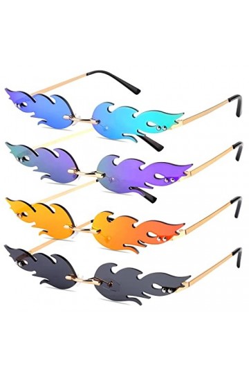 4 Paires de Flamme Lunettes de Soleil Sans Monture Lunette Soleil en Forme Flamme Lunettes Soleil Flamme Sans Cadre Verres Le