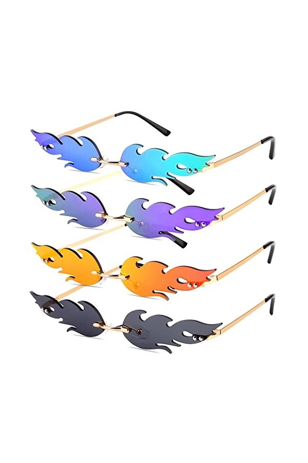 4 Paires de Flamme Lunettes de Soleil Sans Monture Lunette Soleil en Forme Flamme Lunettes Soleil Flamme Sans Cadre Verres Le