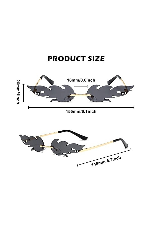 4 Paires de Flamme Lunettes de Soleil Sans Monture Lunette Soleil en Forme Flamme Lunettes Soleil Flamme Sans Cadre Verres Le