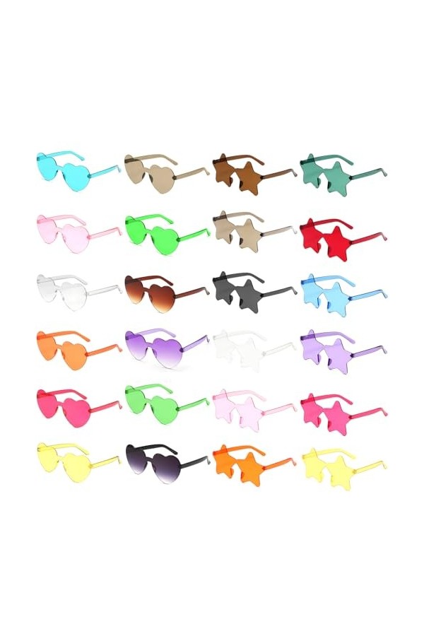 SAMISO 24 Paires de Lunettes en Forme de Cœur/Étoile Hippie Rétro,Lunettes de Soleil en Forme de Coeur,Lunettes de Soleil Tra