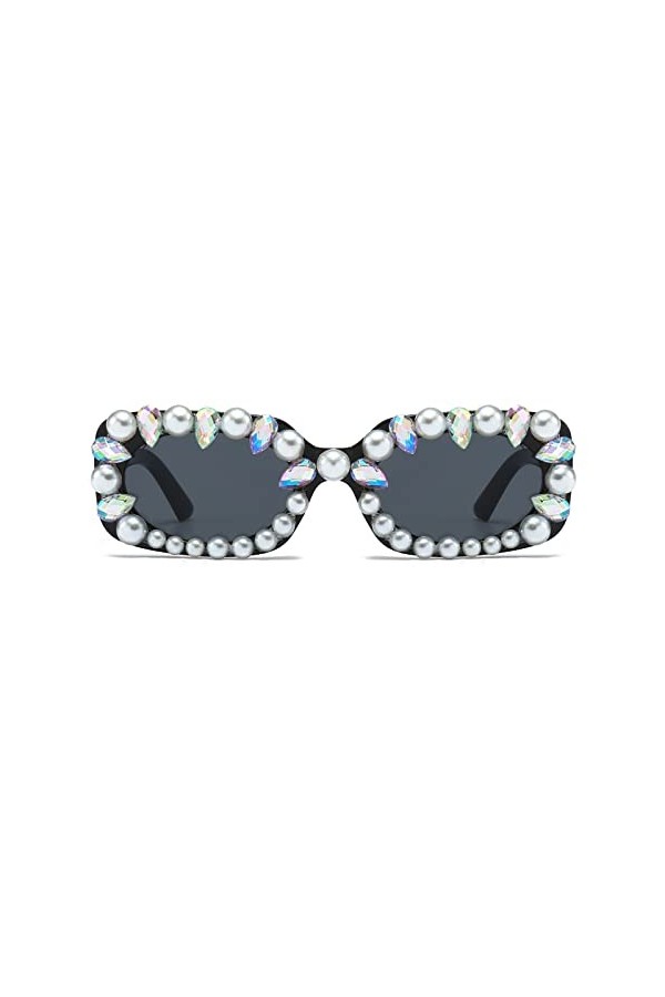 Long Keeper Lunettes de Soleil Rectangulaires Strass pour Femme Homme Retro Lunettes Carré Vintage Année 90 Lunettes Festival